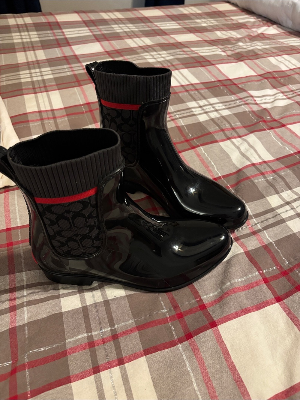 Coach Black Glossy Rain Ankle Boots with Red Accent